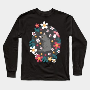 American Shorthair Cat and Flowers - Black Long Sleeve T-Shirt